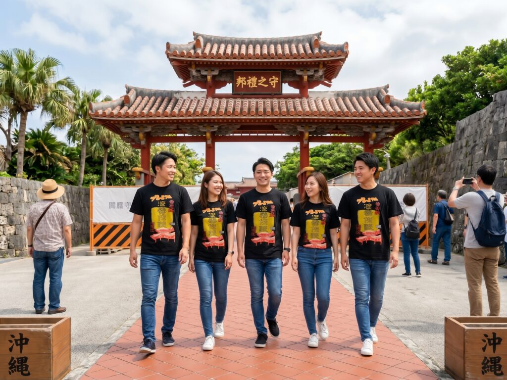首里城で琉球酒豪伝説プレミアムのTシャツを着て歩く